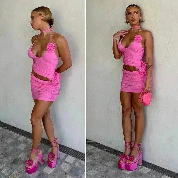 Magda Butrym Rosette Silk Jersey Pink Ruched Cutout Mini Dress 42 IT / US 6 - Picture 13 of 16